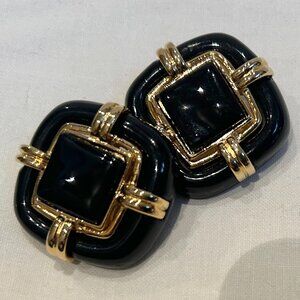 Les Bernard Clip Earrings Black Gold Square Classic Signed VO Made In U.S.A